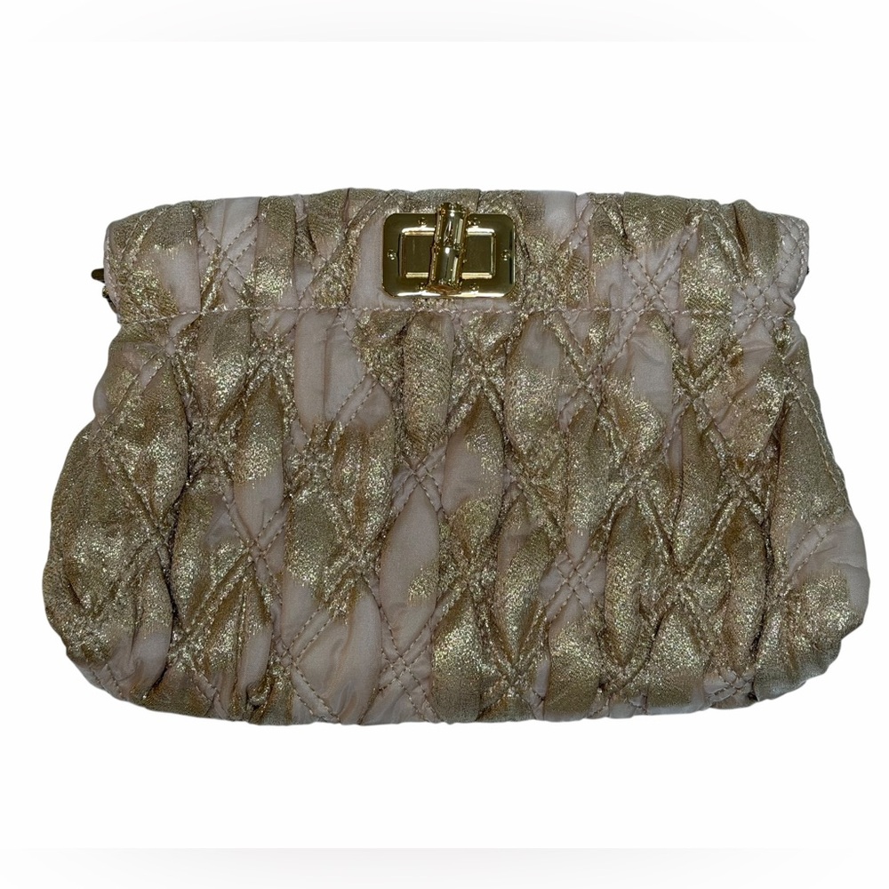 Lilly Pulitzer Gold Organza Quilted Chancey Clutch w/ Turn-Lock Closure & Chain - Picture 12 of 16